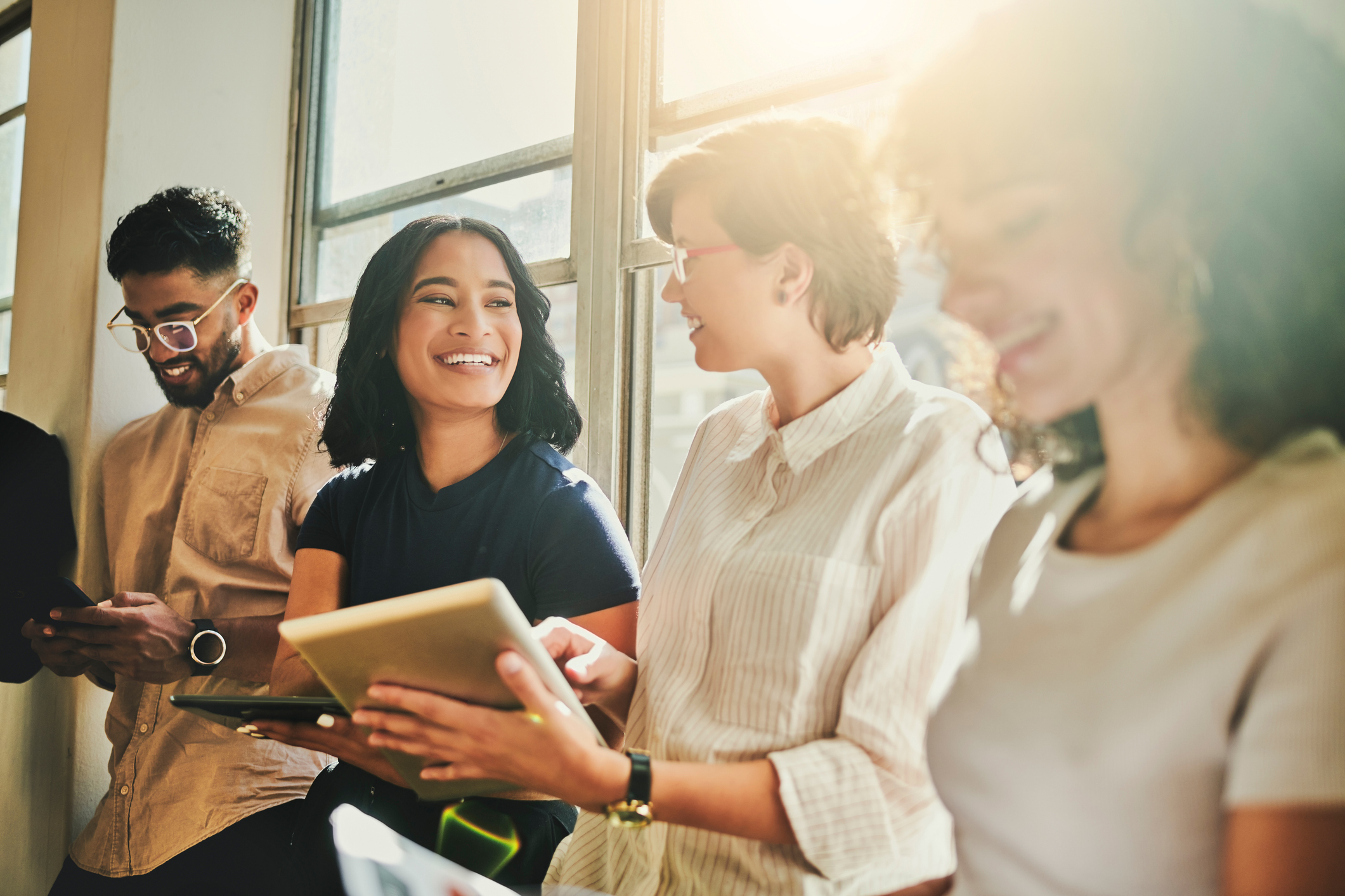 Millennial, young and business people creative team on digital technology, happy collaboration and motivation. Diversity of young marketing agency staff on mobile connection in startup design studio internship program page 1